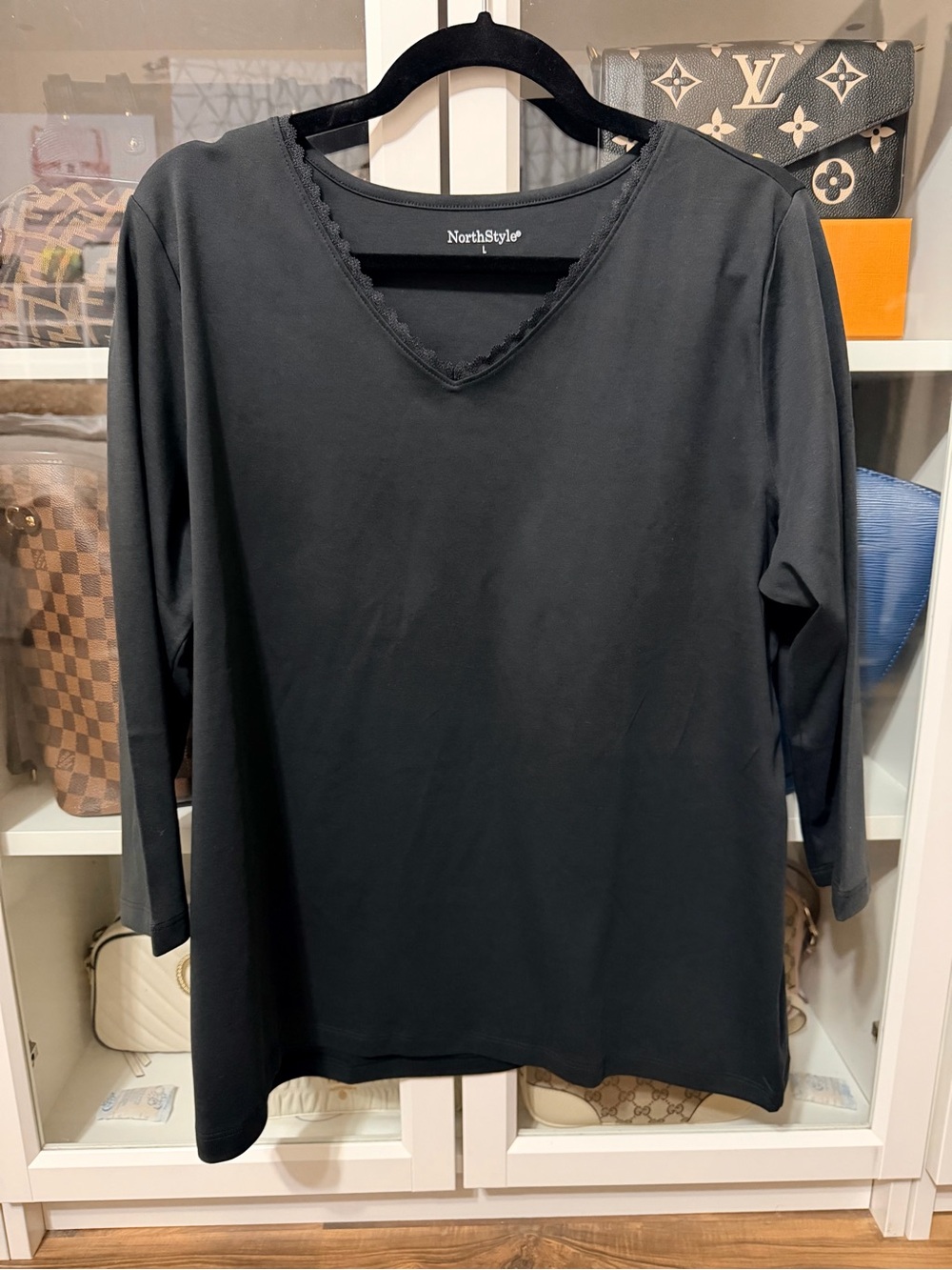 NorthStyle Black V-Neck Long Sleeve Top with Scalloped Trim